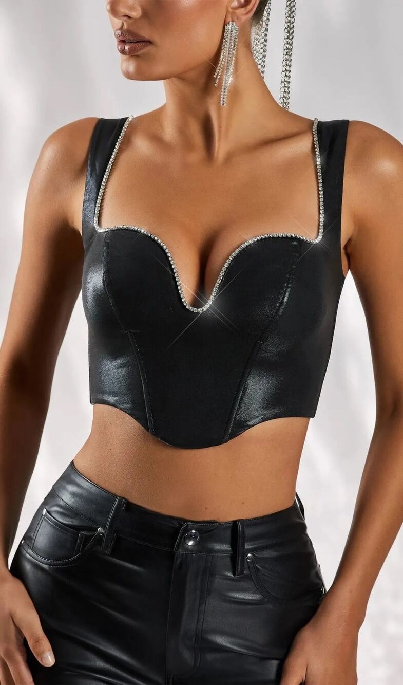 Oh Polly black metallic-shimmer corset top featuring rhinestone- straps 57$